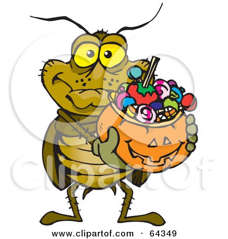 Royalty-Free (RF) Clipart Illustration of a Trick Or Treating Cockroach Holding A Pumpkin Basket Full Of Halloween Candy by Dennis Holmes Designs