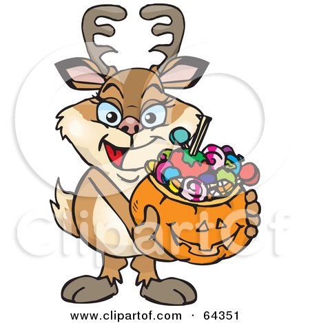 Royalty-Free (RF) Clipart Illustration of a Trick Or Treating Doe Holding A Pumpkin Basket Full Of Halloween Candy by Dennis Holmes Designs