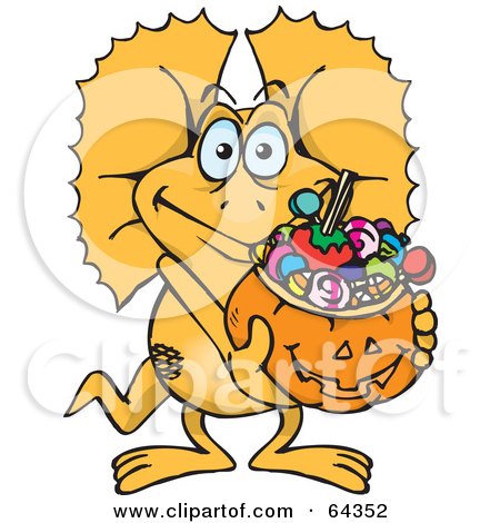 Royalty-Free (RF) Clipart Illustration of a Trick Or Treating Frill Lizard Holding A Pumpkin Basket Full Of Halloween Candy by Dennis Holmes Designs