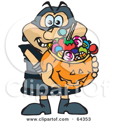 Royalty-Free (RF) Clipart Illustration of a Trick Or Treating Executioner Holding A Pumpkin Basket Full Of Halloween Candy by Dennis Holmes Designs