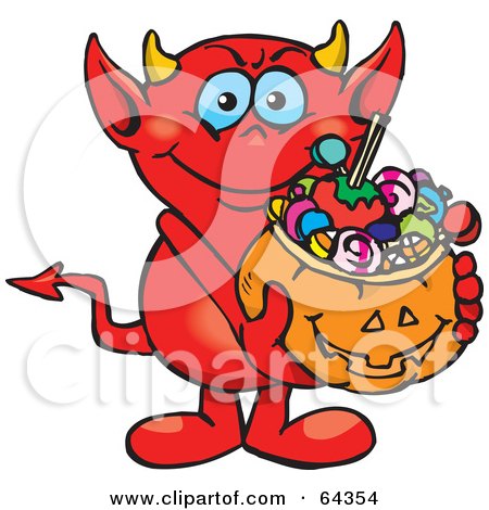 Royalty-Free (RF) Clipart Illustration of a Trick Or Treating Devil Holding A Pumpkin Basket Full Of Halloween Candy by Dennis Holmes Designs