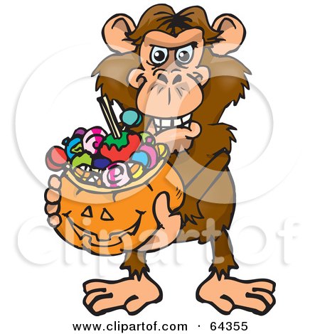 Royalty-Free (RF) Clipart Illustration of a Trick Or Treating Chimp Holding A Pumpkin Basket Full Of Halloween Candy by Dennis Holmes Designs