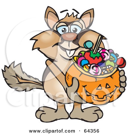 Royalty-Free (RF) Clipart Illustration of a Trick Or Treating Chipmunk Holding A Pumpkin Basket Full Of Halloween Candy by Dennis Holmes Designs