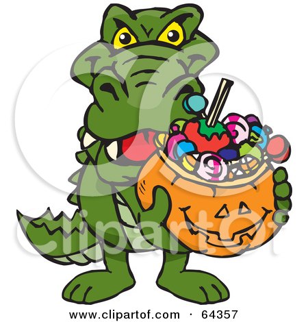 Royalty-Free (RF) Clipart Illustration of a Trick Or Treating Alligator Holding A Pumpkin Basket Full Of Halloween Candy by Dennis Holmes Designs