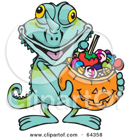 Royalty-Free (RF) Clipart Illustration of a Trick Or Treating Chameleon Holding A Pumpkin Basket Full Of Halloween Candy by Dennis Holmes Designs