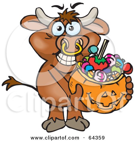 Royalty-Free (RF) Clipart Illustration of a Trick Or Treating Bull Holding A Pumpkin Basket Full Of Halloween Candy by Dennis Holmes Designs