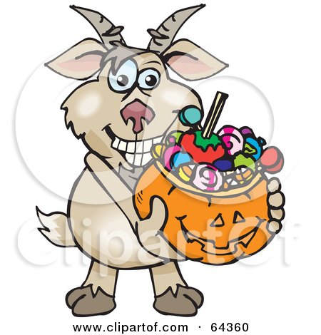 Royalty-Free (RF) Clipart Illustration of a Trick Or Treating Goat Holding A Pumpkin Basket Full Of Halloween Candy by Dennis Holmes Designs