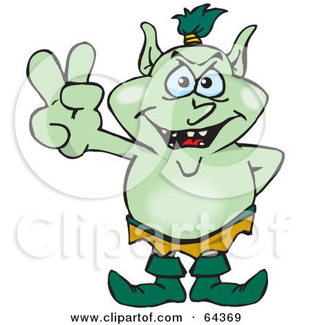 Royalty-Free (RF) Clipart Illustration of a Peaceful Goblin Gesturing A Peace Sign by Dennis Holmes Designs