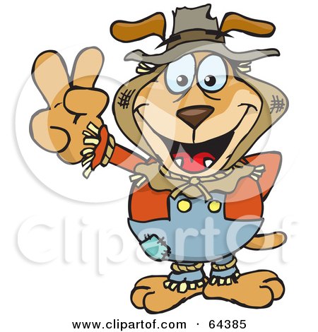 Royalty-Free (RF) Clipart Illustration of a Peaceful Sparkey Dog Scarecrow Gesturing The Peace Sign by Dennis Holmes Designs