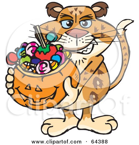 Royalty-Free (RF) Clipart Illustration of a Trick Or Treating Leopard Holding A Pumpkin Basket Full Of Halloween Candy by Dennis Holmes Designs