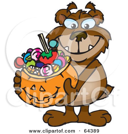Royalty-Free (RF) Clipart Illustration of a Trick Or Treating Bear Holding A Pumpkin Basket Full Of Halloween Candy by Dennis Holmes Designs