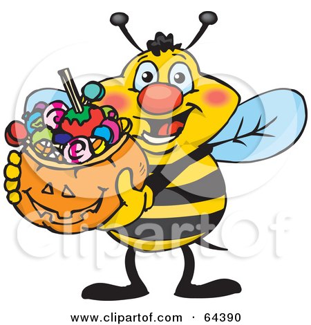Royalty-Free (RF) Clipart Illustration of a Trick Or Treating Honey Bee Holding A Pumpkin Basket Full Of Halloween Candy by Dennis Holmes Designs