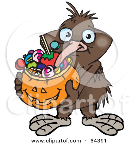 Royalty-Free (RF) Clipart Illustration of a Trick Or Treating Kiwi Bird Holding A Pumpkin Basket Full Of Halloween Candy by Dennis Holmes Designs
