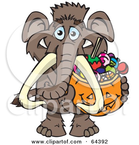 Royalty-Free (RF) Clipart Illustration of a Trick Or Treating Mammoth Holding A Pumpkin Basket Full Of Halloween Candy by Dennis Holmes Designs
