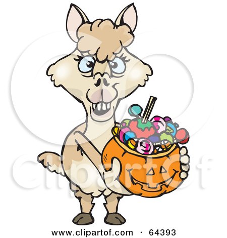 Royalty-Free (RF) Clipart Illustration of a Trick Or Treating Alpaca Holding A Pumpkin Basket Full Of Halloween Candy by Dennis Holmes Designs
