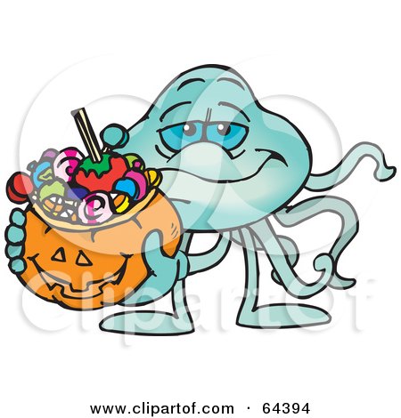 Royalty-Free (RF) Clipart Illustration of a Trick Or Treating Jellyfish Holding A Pumpkin Basket Full Of Halloween Candy by Dennis Holmes Designs