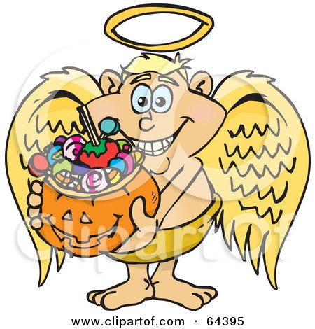 Royalty-Free (RF) Clipart Illustration of a Trick Or Treating Angel Guy Holding A Pumpkin Basket Full Of Halloween Candy by Dennis Holmes Designs