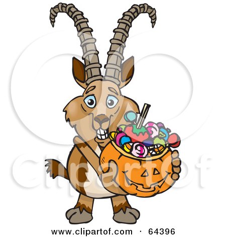 Royalty-Free (RF) Clipart Illustration of a Trick Or Treating Ibex Holding A Pumpkin Basket Full Of Halloween Candy by Dennis Holmes Designs