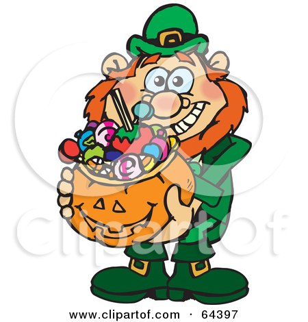 Royalty-Free (RF) Clipart Illustration of a Trick Or Treating Leprechaun Holding A Pumpkin Basket Full Of Halloween Candy by Dennis Holmes Designs