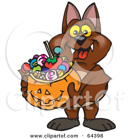 Royalty-Free (RF) Clipart Illustration of a Trick Or Treating Vampire Bat Holding A Pumpkin Basket Full Of Halloween Candy by Dennis Holmes Designs