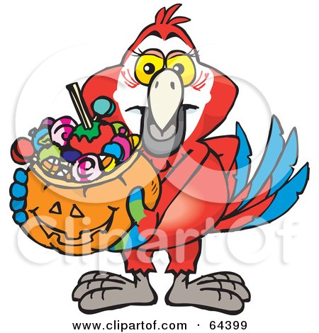 Royalty-Free (RF) Clipart Illustration of a Trick Or Treating Scarlet Macaw Holding A Pumpkin Basket Full Of Halloween Candy by Dennis Holmes Designs