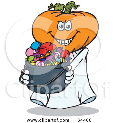 Royalty-Free (RF) Clipart Illustration of a Trick Or Treating Jack O Lantern Holding A Cauldron Full Of Halloween Candy by Dennis Holmes Designs