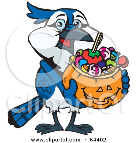 Royalty-Free (RF) Clipart Illustration of a Trick Or Treating Blue Jay Holding A Pumpkin Basket Full Of Halloween Candy by Dennis Holmes Designs