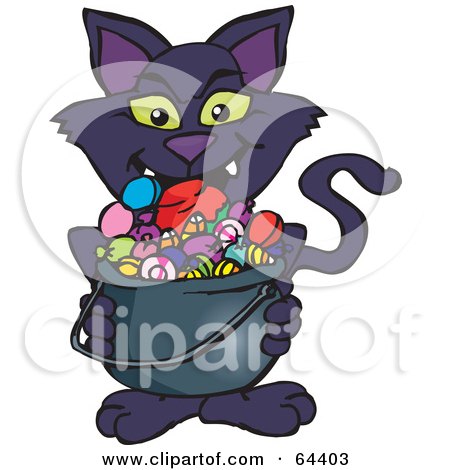 Royalty-Free (RF) Clipart Illustration of a Trick Or Treating Black Cat Holding A Cauldron Full Of Halloween Candy by Dennis Holmes Designs