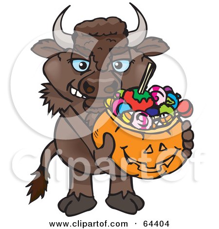 Royalty-Free (RF) Clipart Illustration of a Trick Or Treating Bison Holding A Pumpkin Basket Full Of Halloween Candy by Dennis Holmes Designs