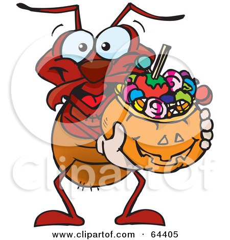 Royalty-Free (RF) Clipart Illustration of a Trick Or Treating Ant Holding A Pumpkin Basket Full Of Halloween Candy by Dennis Holmes Designs