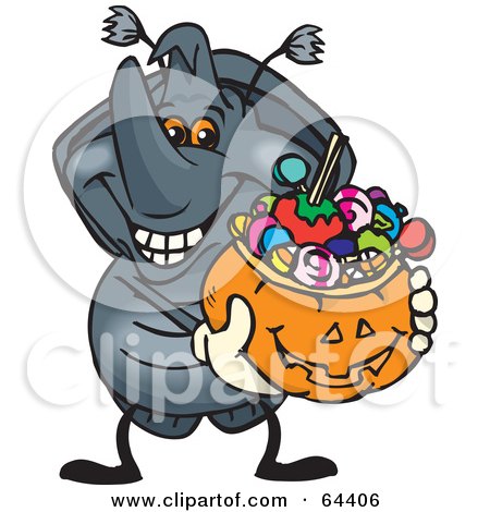 Royalty-Free (RF) Clipart Illustration of a Trick Or Treating Rhino Beetl Holding A Pumpkin Basket Full Of Halloween Candy by Dennis Holmes Designs