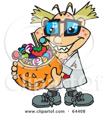 Royalty-Free (RF) Clipart Illustration of a Trick Or Treating Mad Scientist Holding A Pumpkin Basket Full Of Halloween Candy by Dennis Holmes Designs