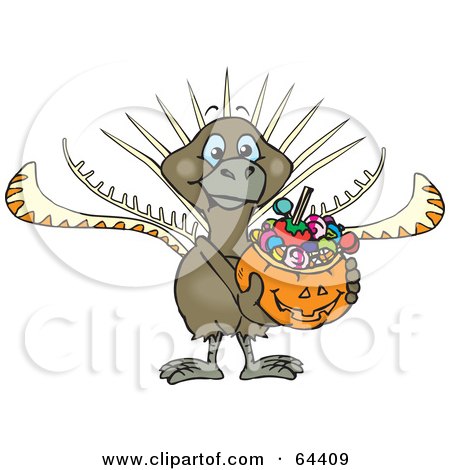 Royalty-Free (RF) Clipart Illustration of a Trick Or Treating Lyrebird Holding A Pumpkin Basket Full Of Halloween Candy by Dennis Holmes Designs