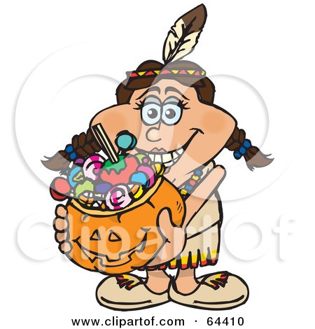 Royalty-Free (RF) Clipart Illustration of a Trick Or Treating Female Native American Holding A Pumpkin Basket Full Of Halloween Candy by Dennis Holmes Designs