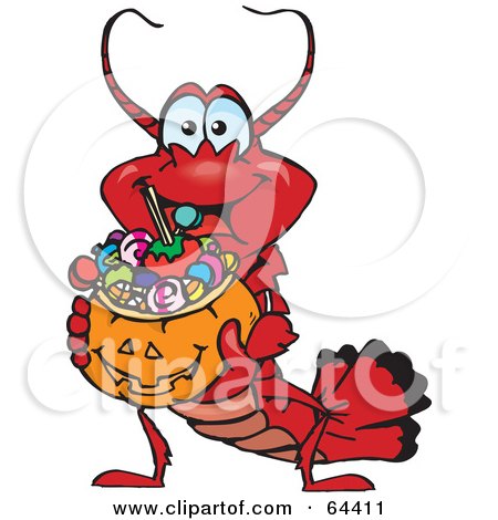 Royalty-Free (RF) Clipart Illustration of a Trick Or Treating Lobster Holding A Pumpkin Basket Full Of Halloween Candy by Dennis Holmes Designs