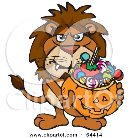 Royalty-Free (RF) Clipart Illustration of a Trick Or Treating Lion Holding A Pumpkin Basket Full Of Halloween Candy by Dennis Holmes Designs