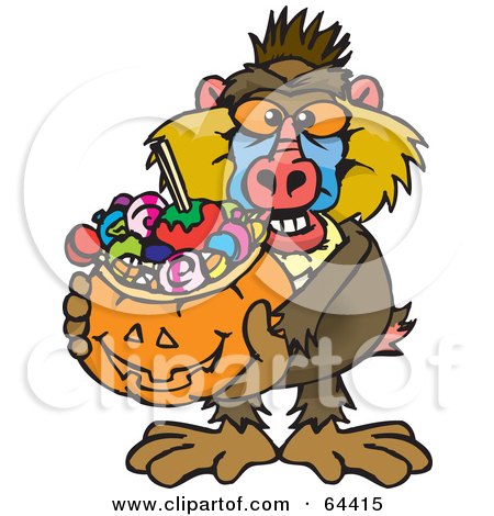 Royalty-Free (RF) Clipart Illustration of a Trick Or Treating Baboon Holding A Pumpkin Basket Full Of Halloween Candy by Dennis Holmes Designs