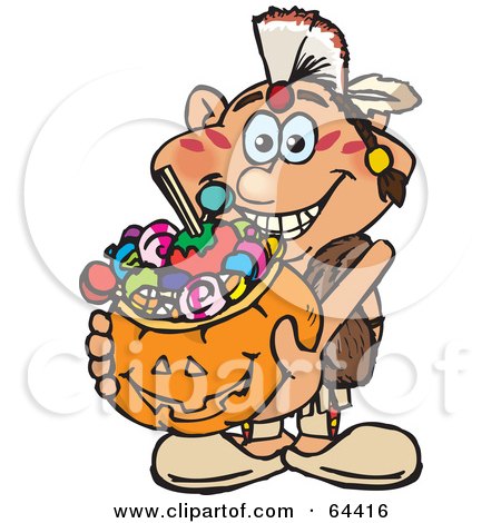 Royalty-Free (RF) Clipart Illustration of a Trick Or Treating Male Native American Holding A Pumpkin Basket Full Of Halloween Candy by Dennis Holmes Designs
