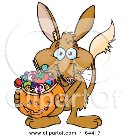 Royalty-Free (RF) Clipart Illustration of a Trick Or Treating Bilby Holding A Pumpkin Basket Full Of Halloween Candy by Dennis Holmes Designs