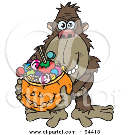 Royalty-Free (RF) Clipart Illustration of a Trick Or Treating Ape Holding A Pumpkin Basket Full Of Halloween Candy by Dennis Holmes Designs