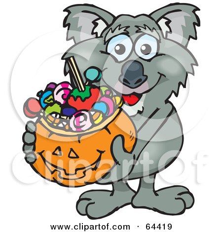Royalty-Free (RF) Clipart Illustration of a Trick Or Treating Koala Holding A Pumpkin Basket Full Of Halloween Candy by Dennis Holmes Designs