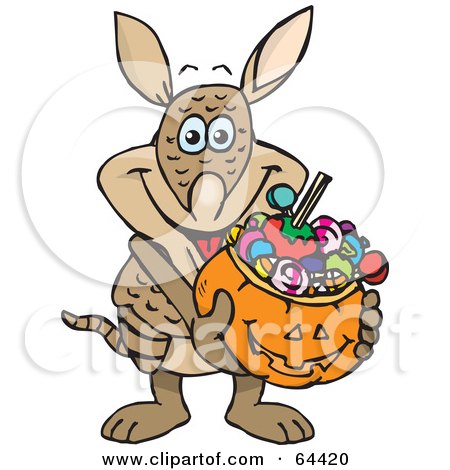Royalty-Free (RF) Clipart Illustration of a Trick Or Treating Armadillo Holding A Pumpkin Basket Full Of Halloween Candy by Dennis Holmes Designs