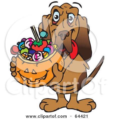 Royalty-Free (RF) Clipart Illustration of a Trick Or Treating Blood Hound Holding A Pumpkin Basket Full Of Halloween Candy by Dennis Holmes Designs