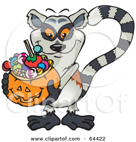 Royalty-Free (RF) Clipart Illustration of a Trick Or Treating Lemur Holding A Pumpkin Basket Full Of Halloween Candy by Dennis Holmes Designs