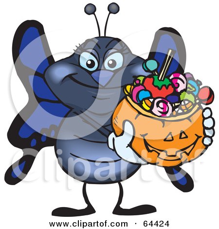 Royalty-Free (RF) Clipart Illustration of a Trick Or Treating Butterfly Holding A Pumpkin Basket Full Of Halloween Candy by Dennis Holmes Designs