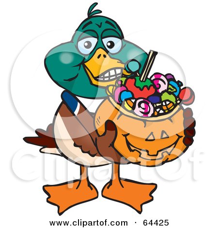 Royalty-Free (RF) Clipart Illustration of a Trick Or Treating Mallard Duck Holding A Pumpkin Basket Full Of Halloween Candy by Dennis Holmes Designs