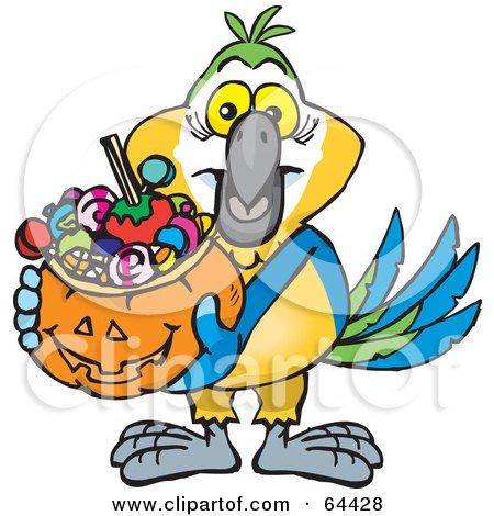 Royalty-Free (RF) Clipart Illustration of a Trick Or Treating Macaw Holding A Pumpkin Basket Full Of Halloween Candy by Dennis Holmes Designs