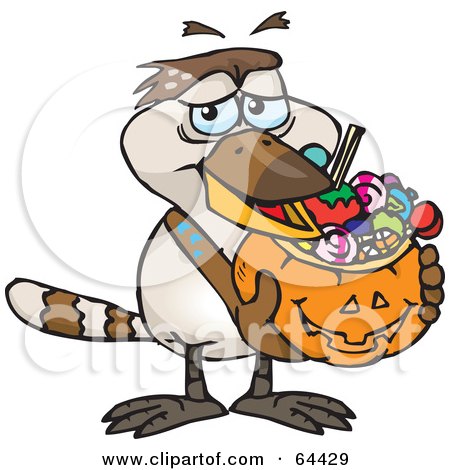 Royalty-Free (RF) Clipart Illustration of a Trick Or Treating Kookaburra Holding A Pumpkin Basket Full Of Halloween Candy by Dennis Holmes Designs