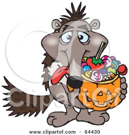 Royalty-Free (RF) Clipart Illustration of a Trick Or Treating Anteater Holding A Pumpkin Basket Full Of Halloween Candy by Dennis Holmes Designs