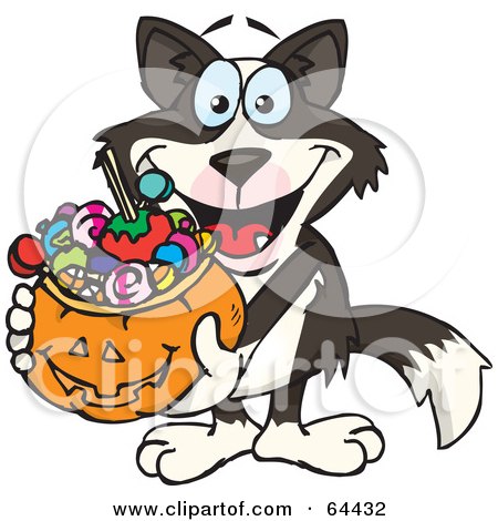 Royalty-Free (RF) Clipart Illustration of a Trick Or Treating Border Collie Holding A Pumpkin Basket Full Of Halloween Candy by Dennis Holmes Designs